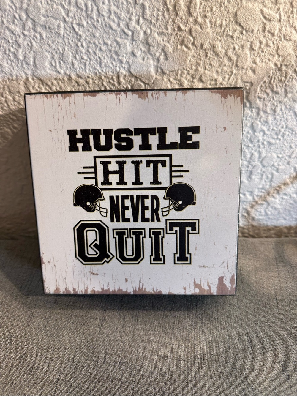 Boys room decor. Navy and white. Football. Hustle Hit Never Quit motivation.